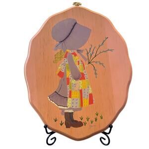 Vintage 1970's Hand Painted Holly Hobby Style Wooden Wall Plaque, Signed